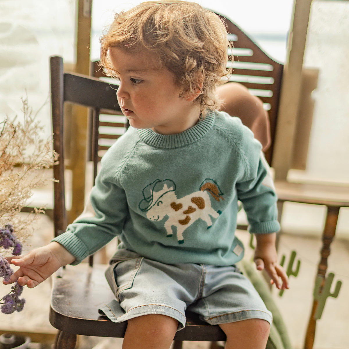 Chandail turquoise en tricot à motif de cheval, bébé