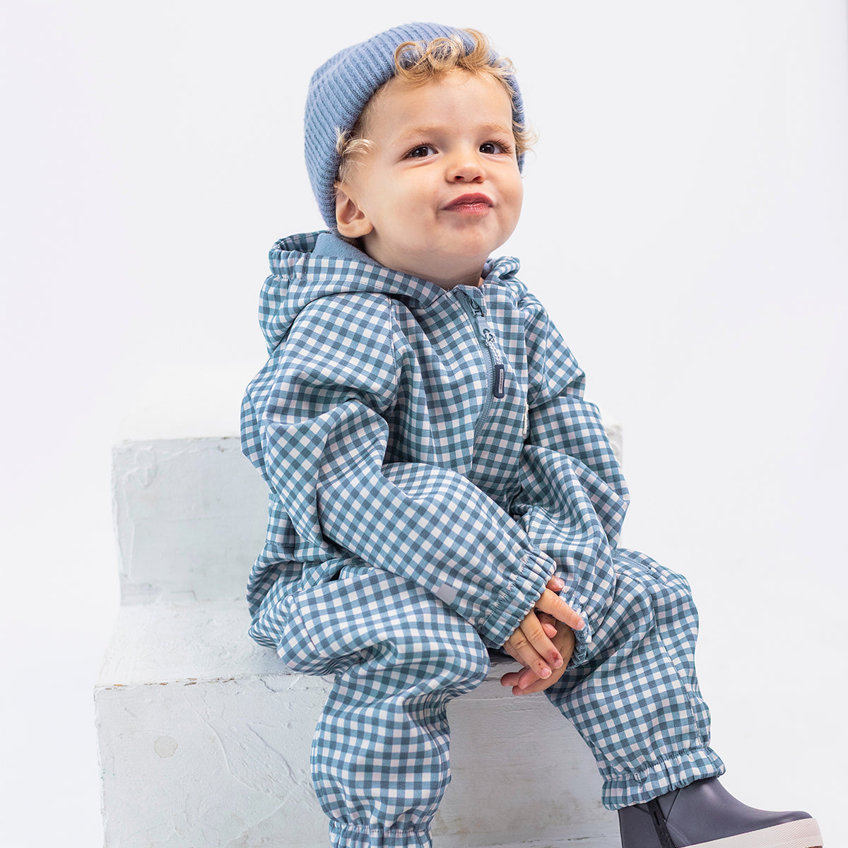 Une-pièce softshell bleu à carreaux, bébé