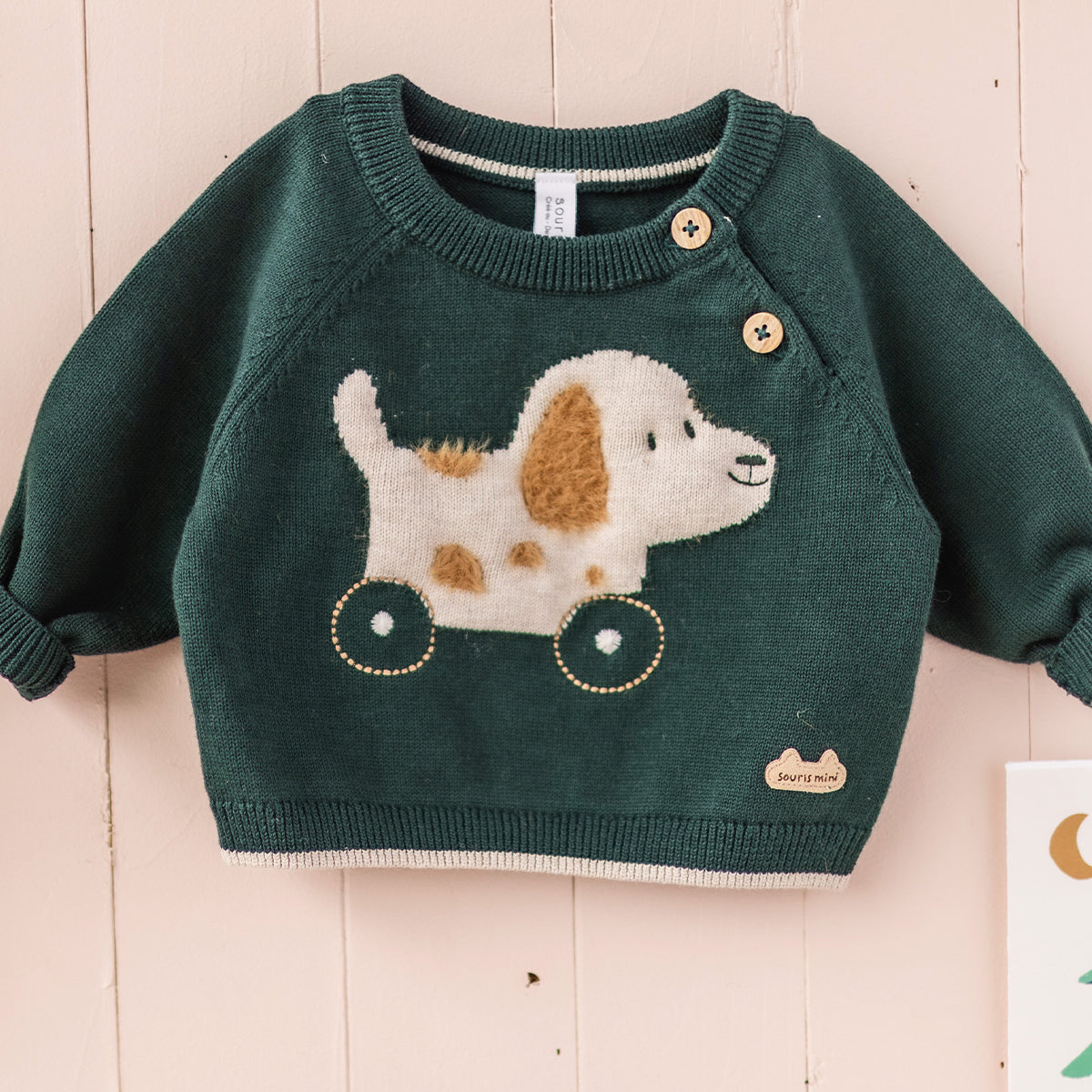 Green knit sweater with jacquard pattern, newborn