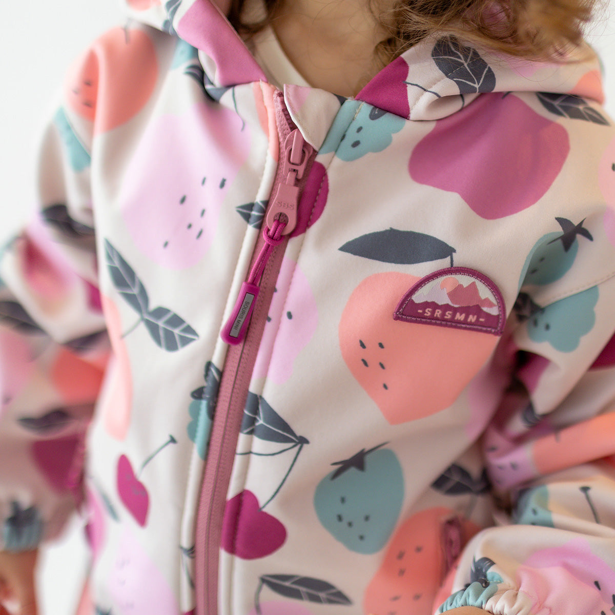 Beige softshell jacket with fruit all over print, baby