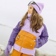 Habit de neige deux pièces mauve et jaune-orange, enfant  || Two-pieces snowsuit purple and yellow-orange, child