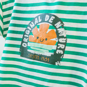 T-shirt à manches courtes vert et crème rayé avec illustration, enfant || Green and cream striped short sleeves T-shirt with print, child