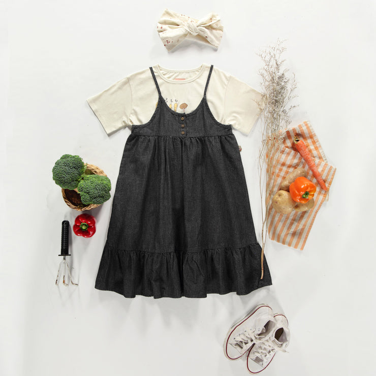 Robe chasuble longue charcoal en coton, enfant || Long jumper dress charcoal in cotton, child