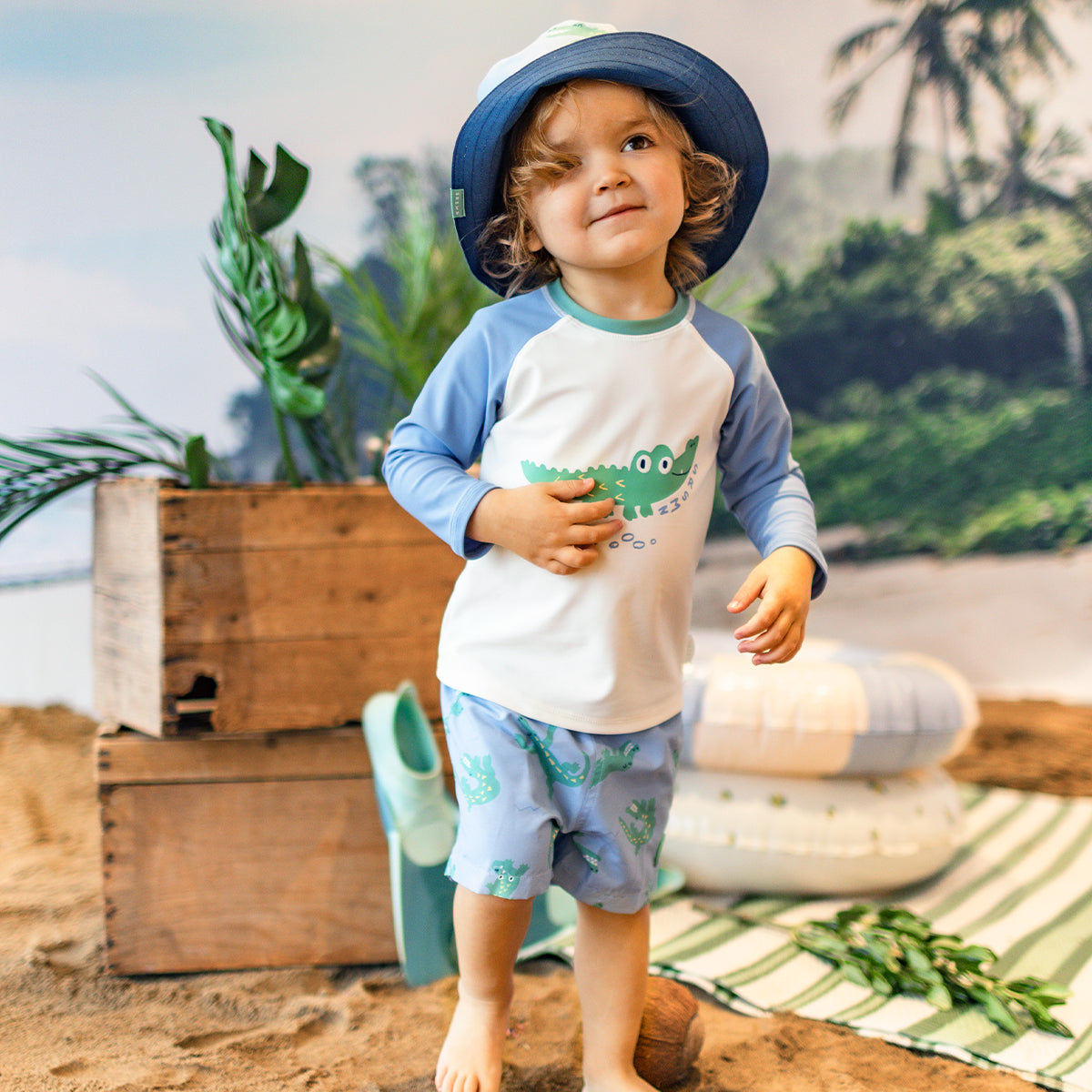Blue and cream rashguard with crocodile, baby