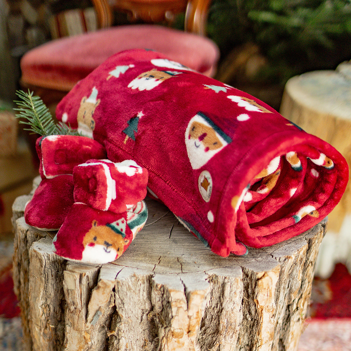 Red plush blanket with holiday all over print, child