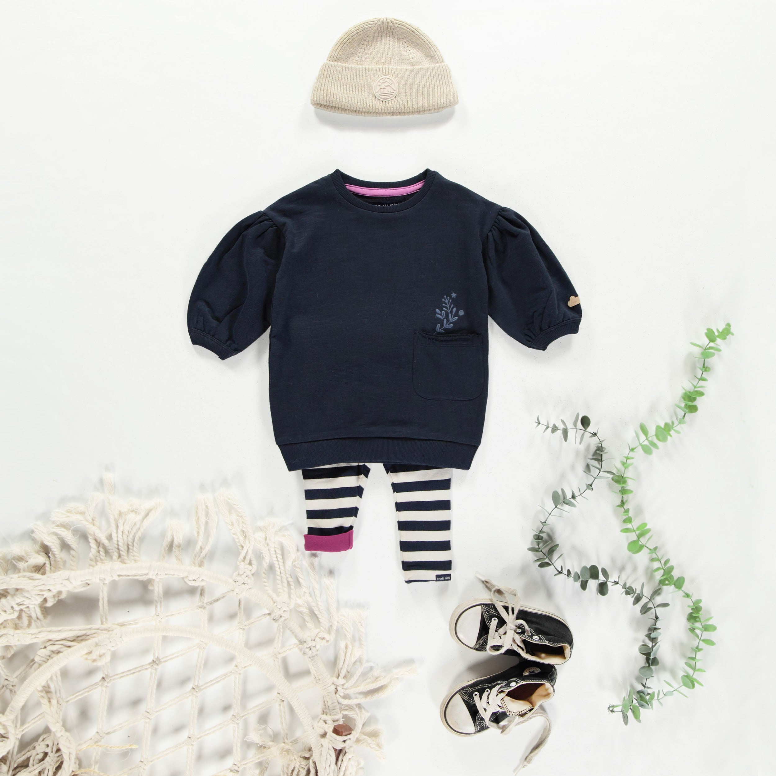 Reversible striped navy and cream legging in jersey, baby