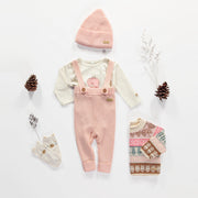 Pantalon de maille rose à bretelles en imitation cachemire, naissance || Pink knitted pants with straps in cashmere imitation, newborn