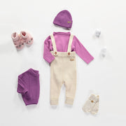 Cache-couche mauve à manches longues en tricot côtelé, naissance || Purple long-sleeved bodysuit in ribbed knit, newborn