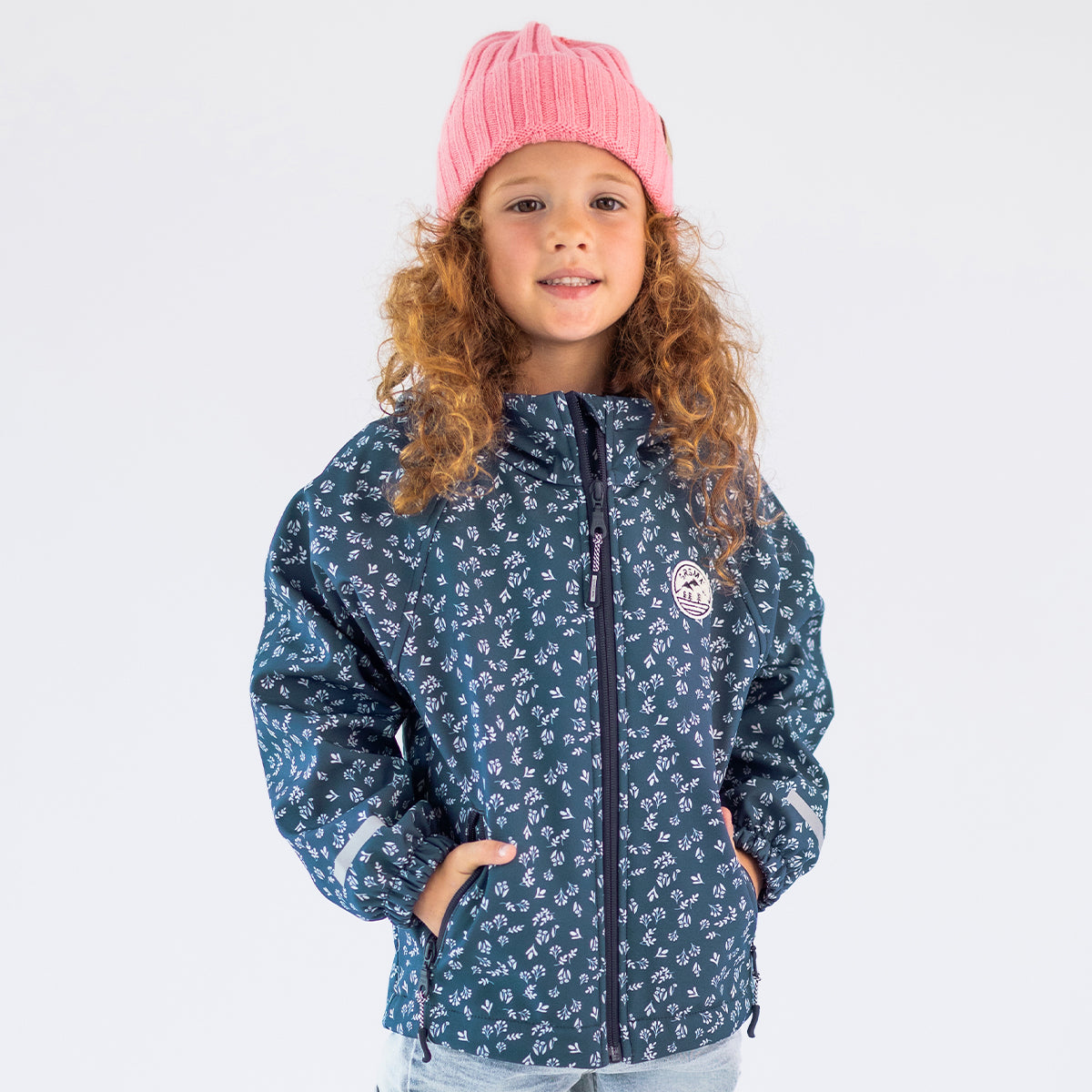 Manteau softshell bleu à imprimé floral, enfant