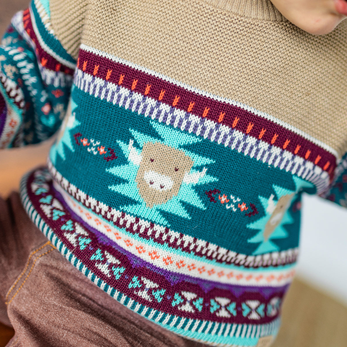 Zoom du chandail beige en tricot avec motifs, bébé