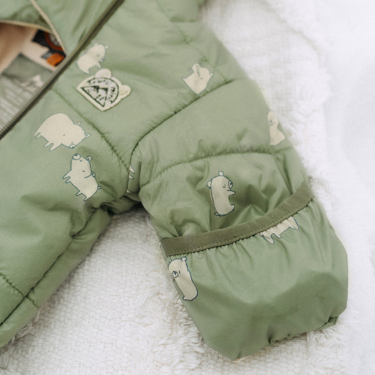 Habit de neige une-pièce vert à motifs, naissance || Green one-piece snowsuit with print, newborn