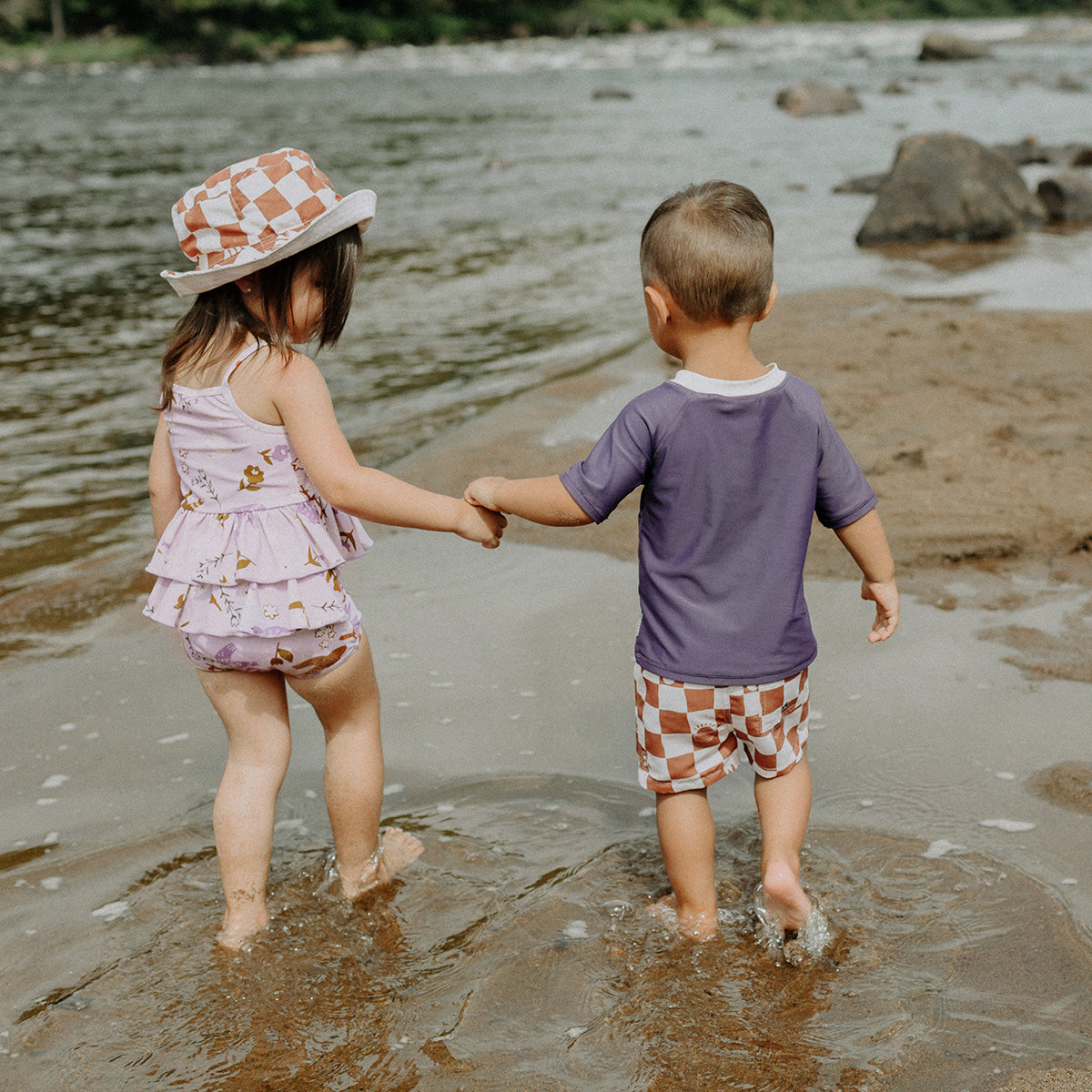 Purple two-pieces swimsuit with birds pattern, baby
