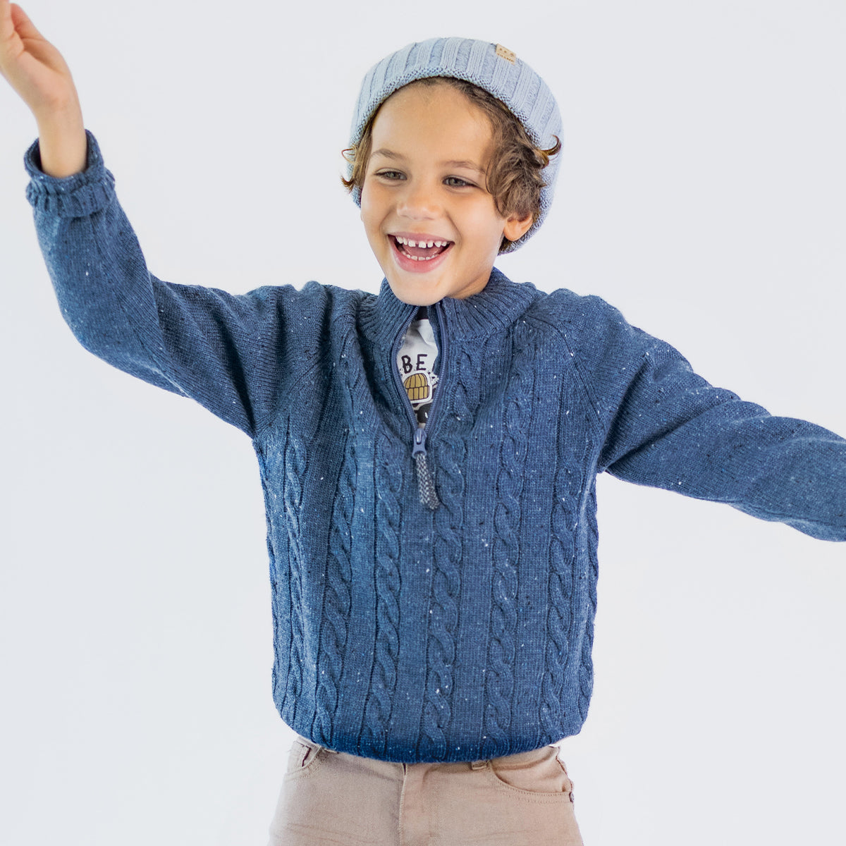Blue cable-knit half-zip sweater, child