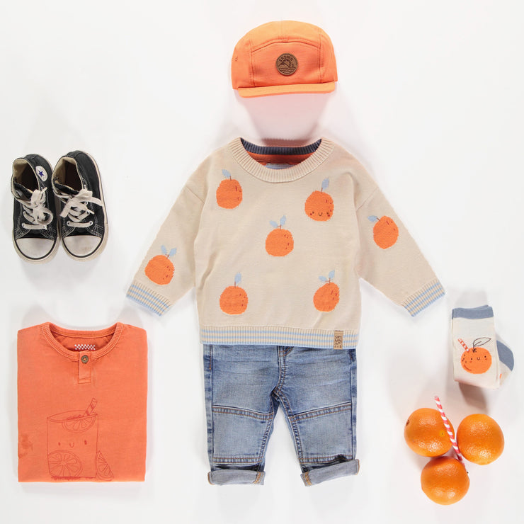 Chandail de maille crème avec motif d'oranges jacquard, bébé || Cream knit sweater with orange jacquard pattern, Baby