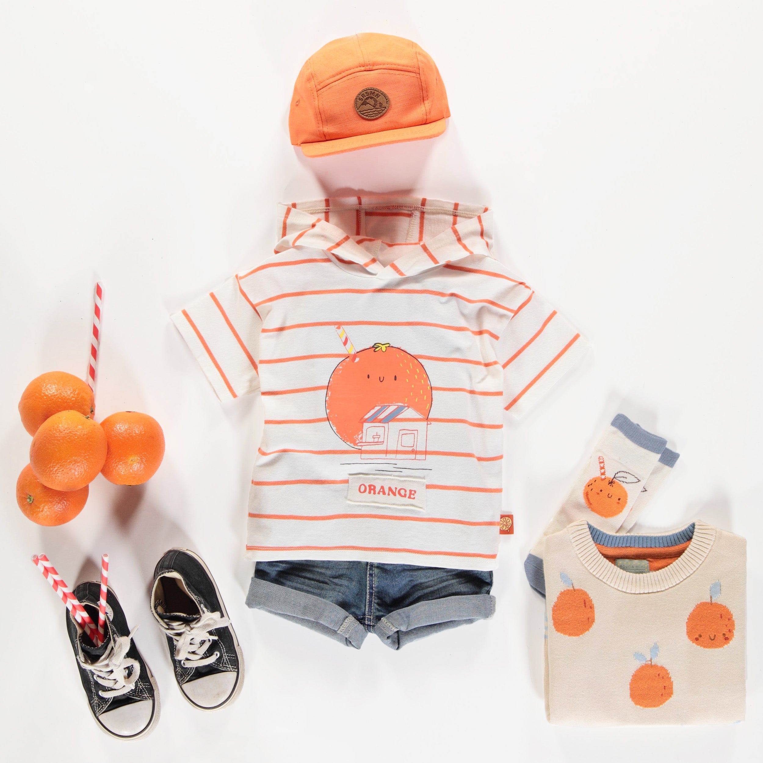 White and orange stripes short sleeves hooded t-shirt with print, baby