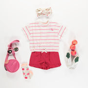 T-shirt à manches courtes de coupe ample blanc à rayures en coton, enfant || Pink striped t-shirt with short sleeves and loose fit in cotton, child