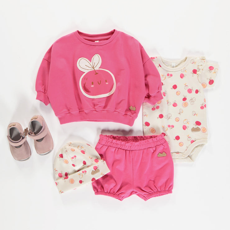 Short coupe ample rose en doux jersey de coton, naissance || Pink loose fit short in soft cotton jersey, newborn