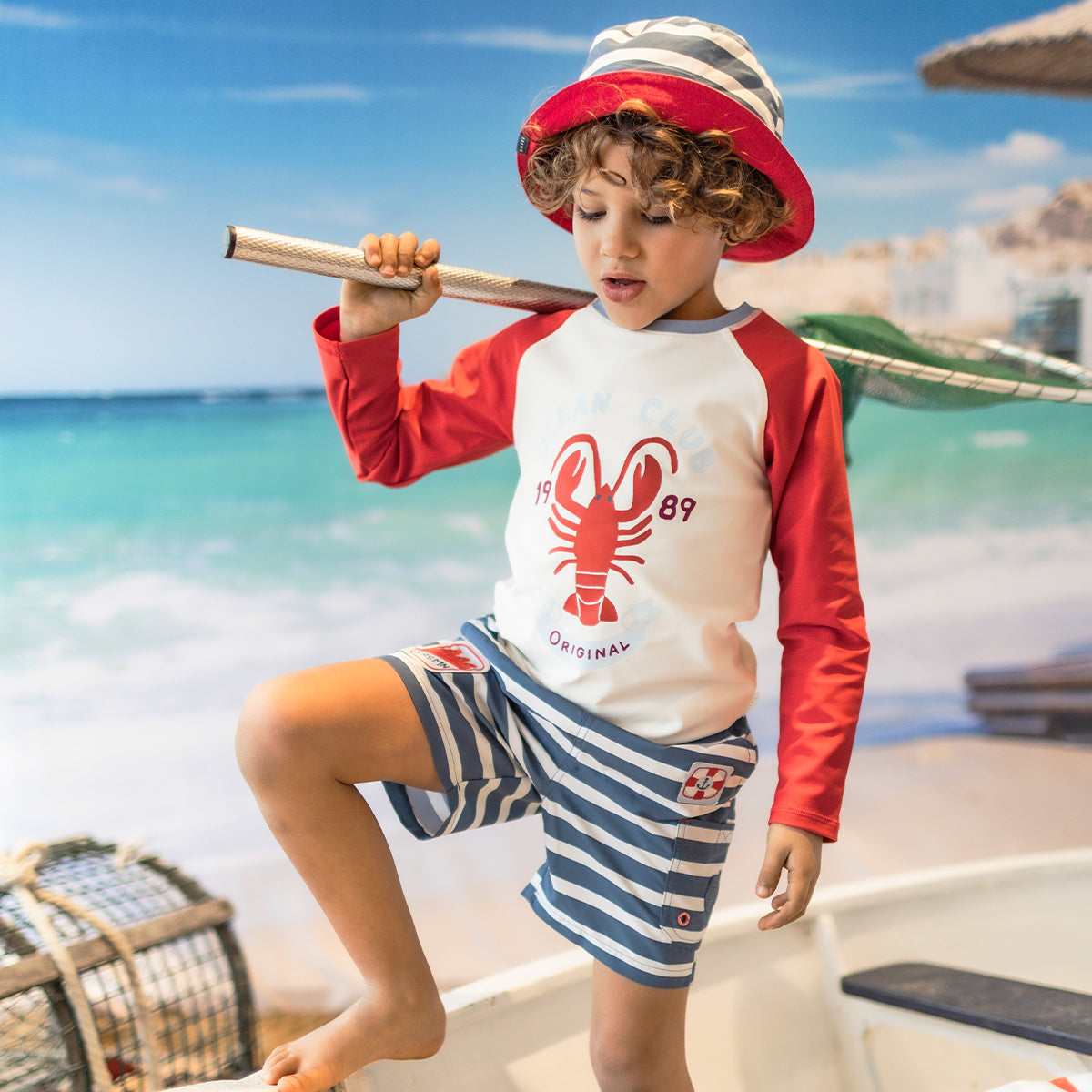Red and cream swim shirt with lobster, child