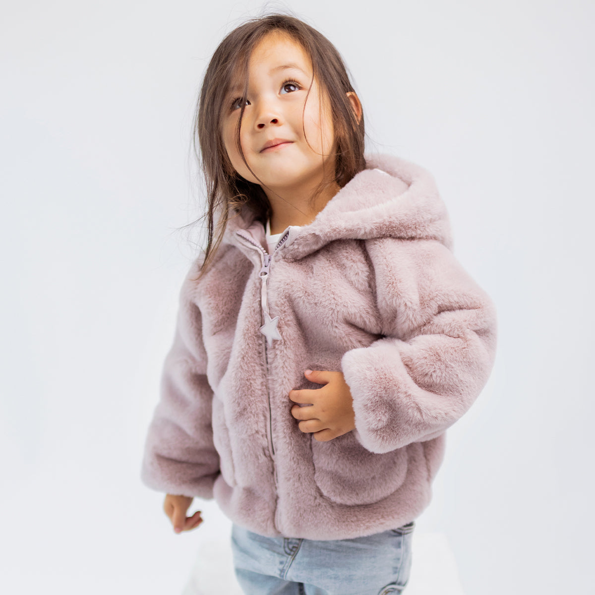 Manteau peluche rose à capuchon, bébé