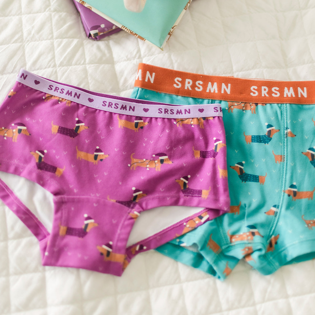 Présentation de la culotte garçonne mauve à motifs de chiens, enfant