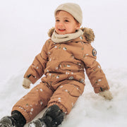 Habit de neige une-pièce brun à motifs et fausse fourrure, bébé || One-piece brown snowsuit with print and faux fur, baby
