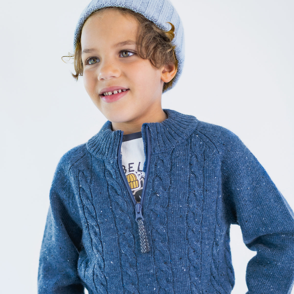 Chandail bleu en tricot torsadé à demi-zip, enfant