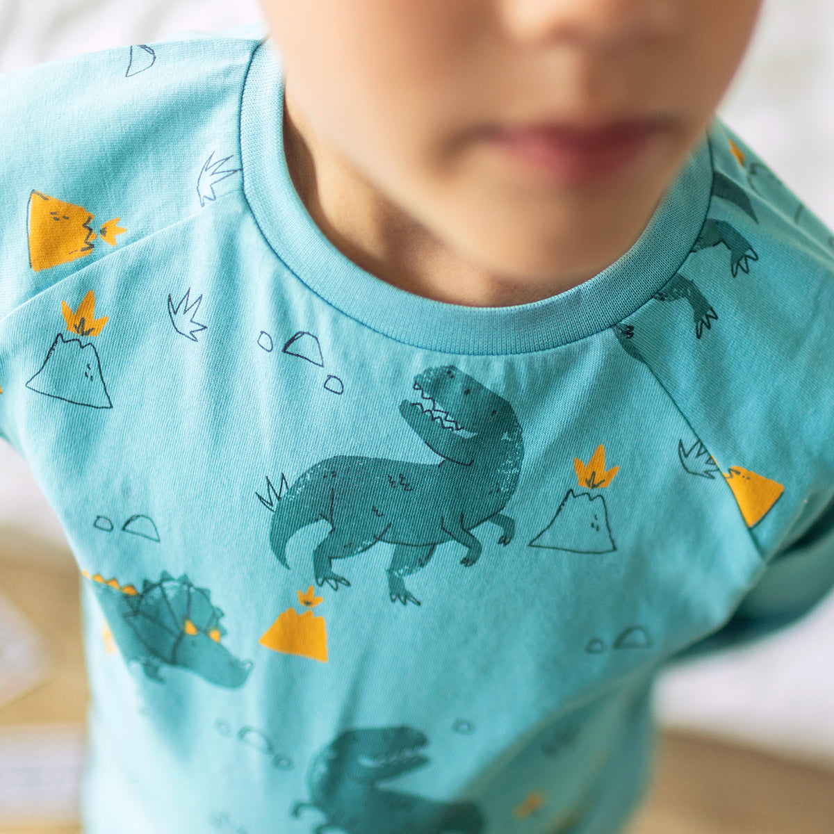 Zoom détails du pyjama deux pièces turquoise à motifs de dinosaures, enfant