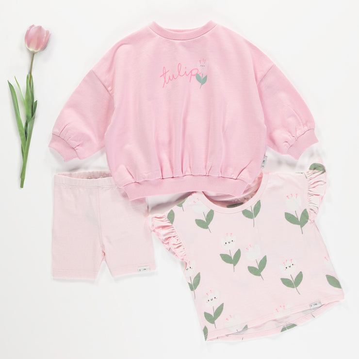 Chandail ample rose avec motif de tulipe en coton français, bébé || Loose-fitting pink sweater with tulip motif in french cotton, baby