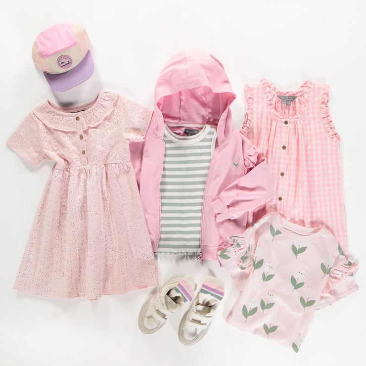 Robe ample rose à motifs de jolies tulipes en jersey extensible, enfant || Loose-fitting pink dress with tulip all over print in stretch jersey, child