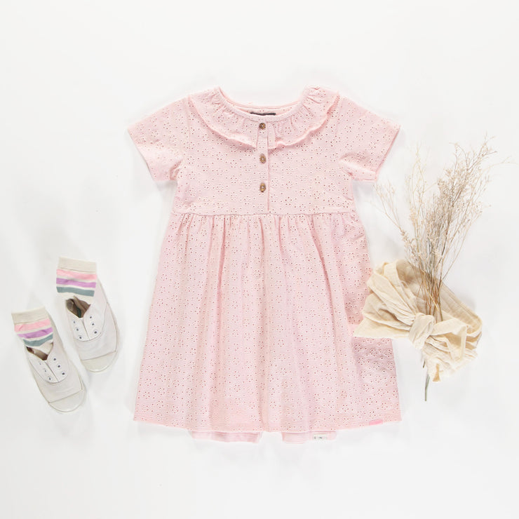Robe rose en broderie anglaise à fleurs ajourées en jersey extensible, enfant  || Pink dress in broderie anglaise with openwork flowers in stretch jersey, child