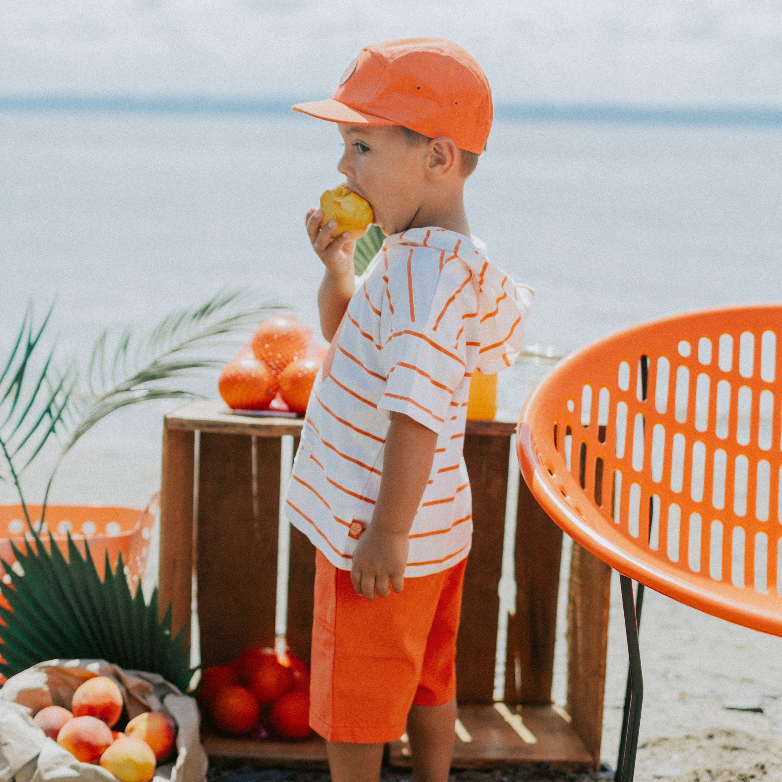 White and orange stripes short sleeves hooded t-shirt with print, baby