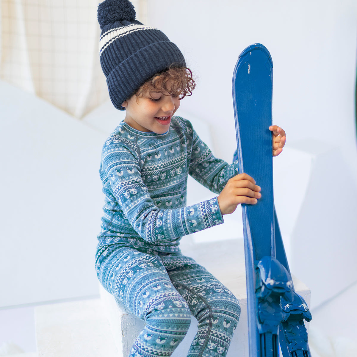  Blue Patterned Merino Wool Leggings, child