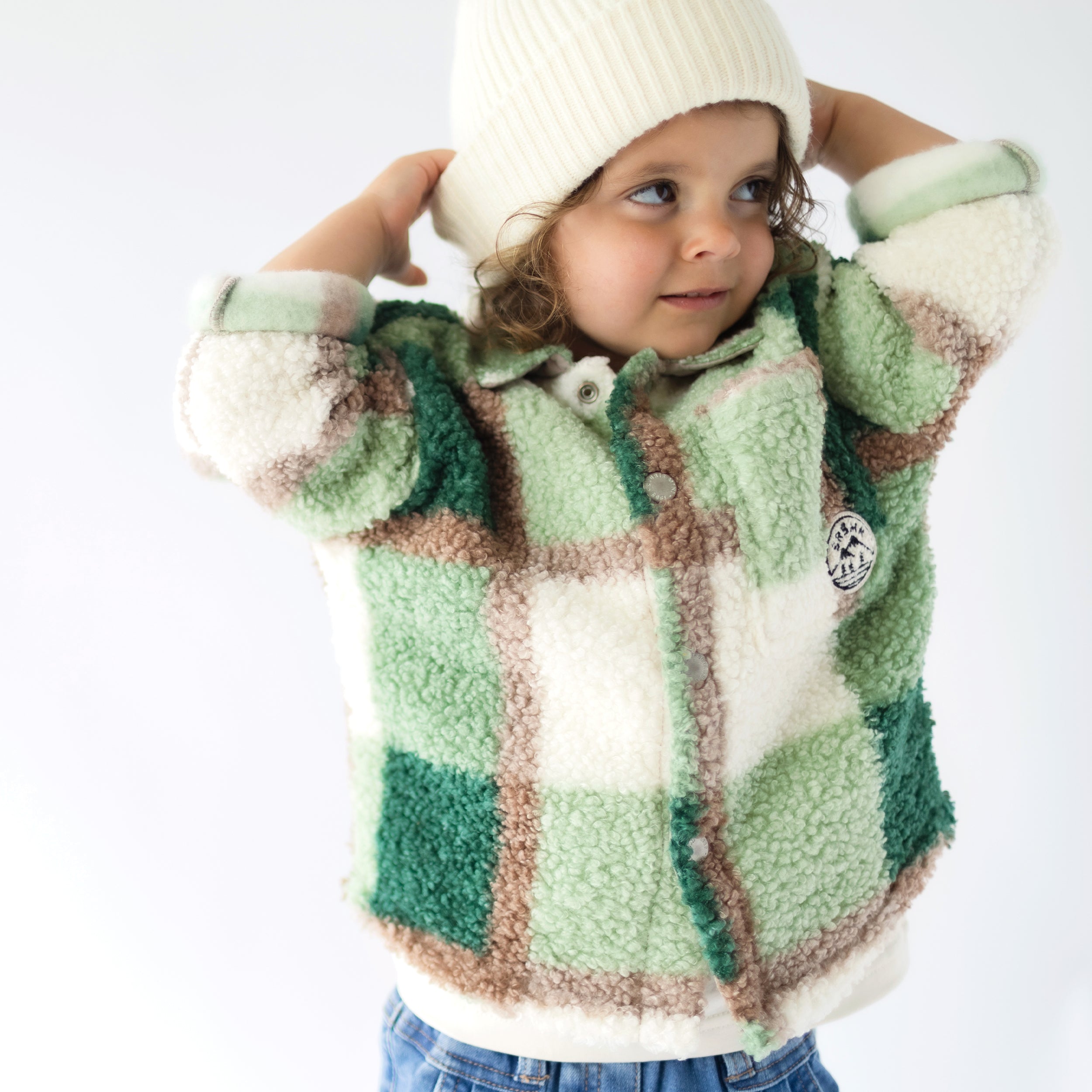 Surchemise à carreaux verts, crème et bruns en sherpa, baby