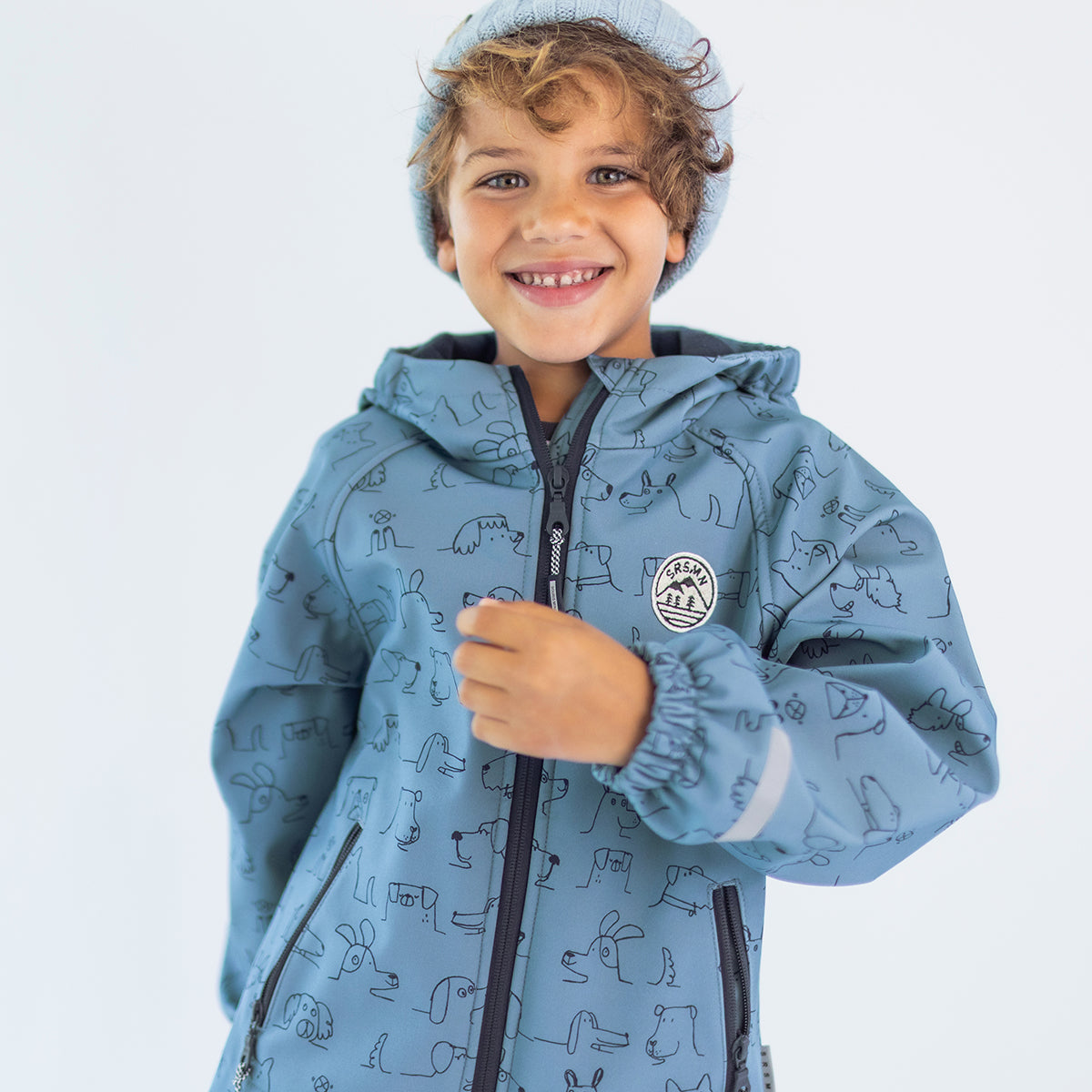 Manteau softshell bleu à imprimé chiens, enfant