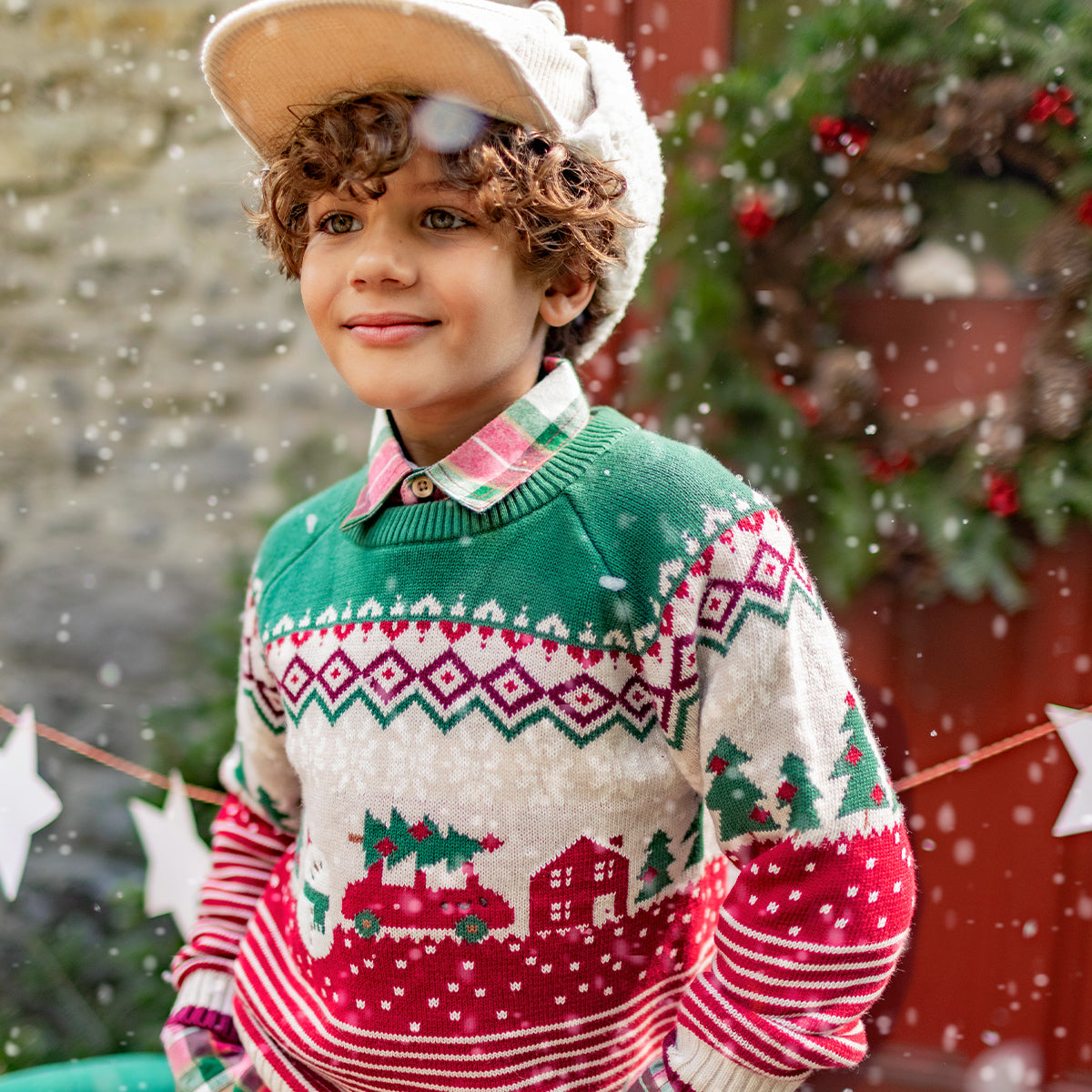 Chandail crème, rouge et vert en tricot des Fêtes, enfant