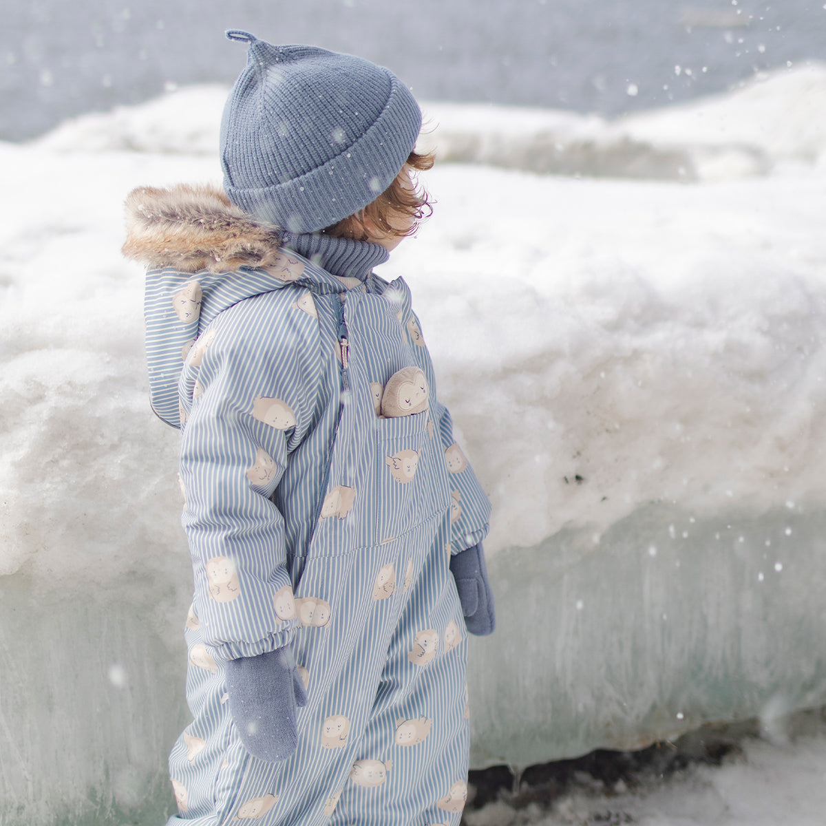 Habit de neige une pièce bleu à rayures avec imprimé, bébé