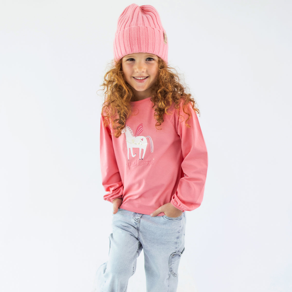 Coral long-sleeve t-shirt with unicorn illustration, child
