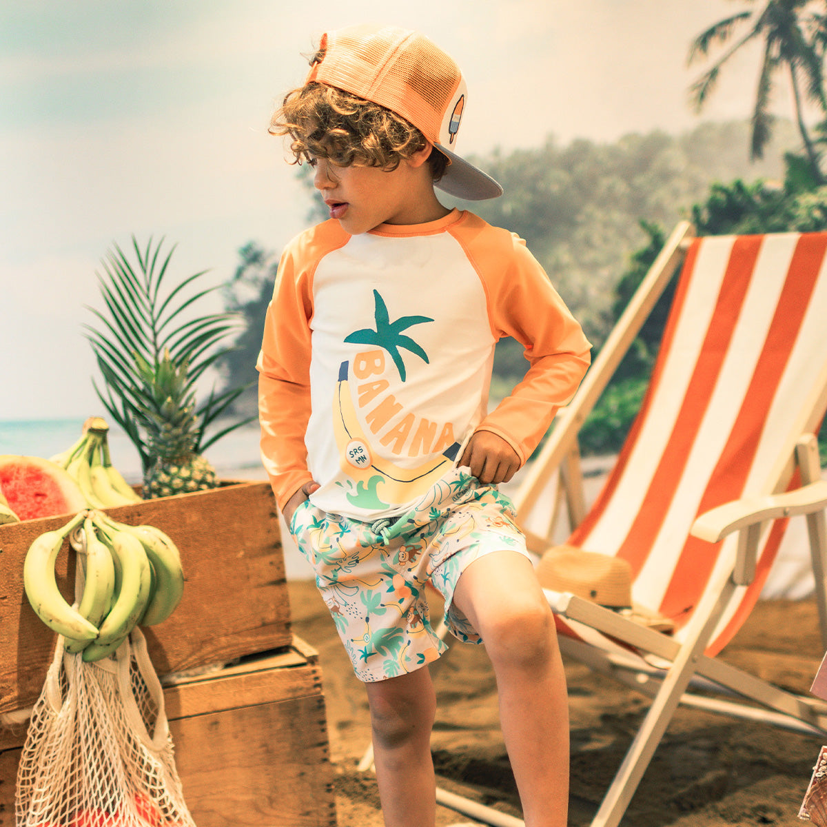 Bermuda de bain beige à motifs tropicaux, enfant