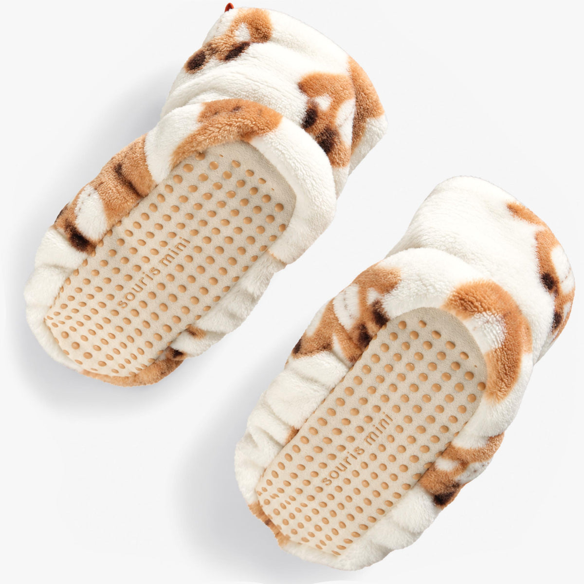 Antidérapant des pantoufles crème en peluche à motif d’ourson, enfant - Souris Mini