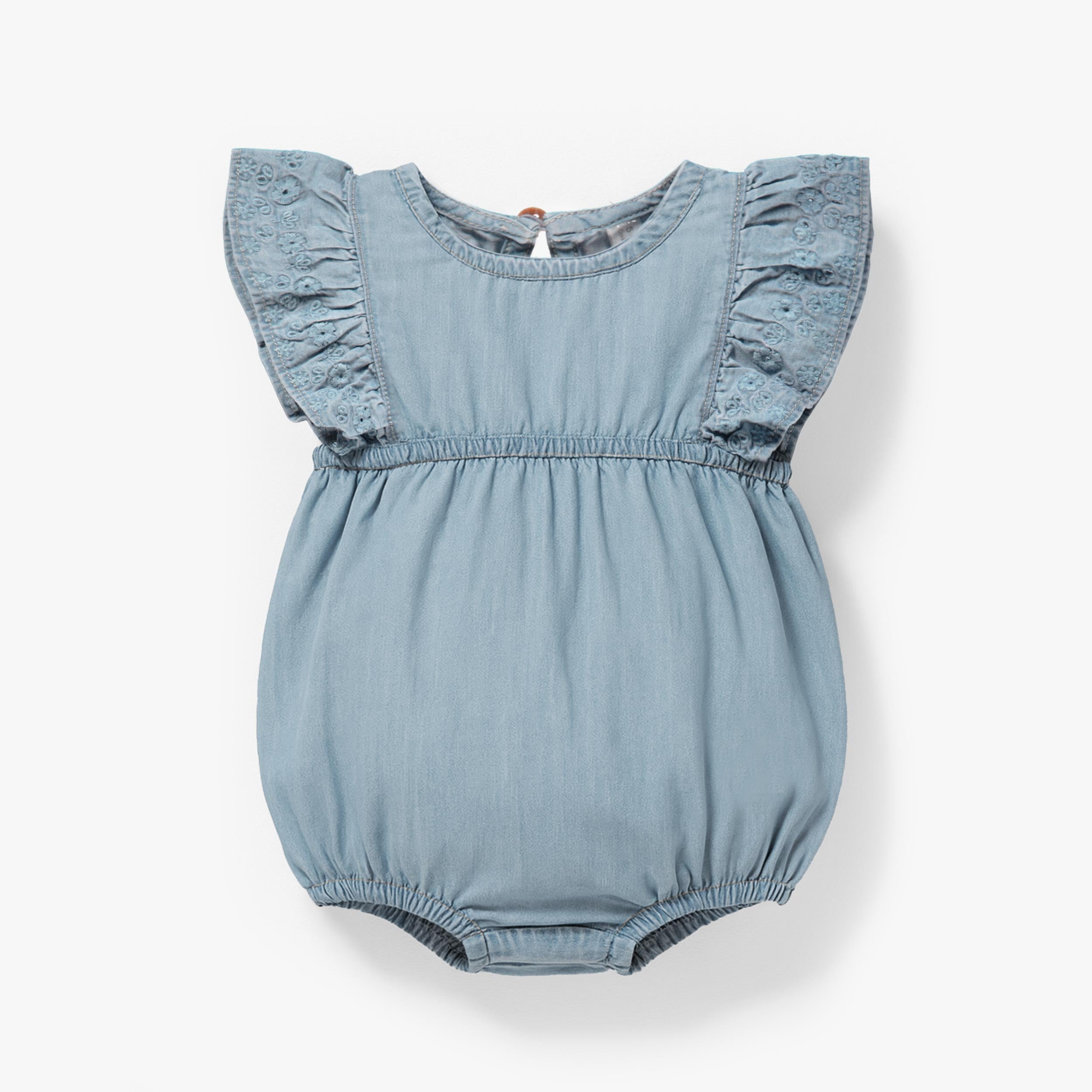 Barboteuse bleu pâle en denim avec broderie anglaise, naissance - Souris Mini