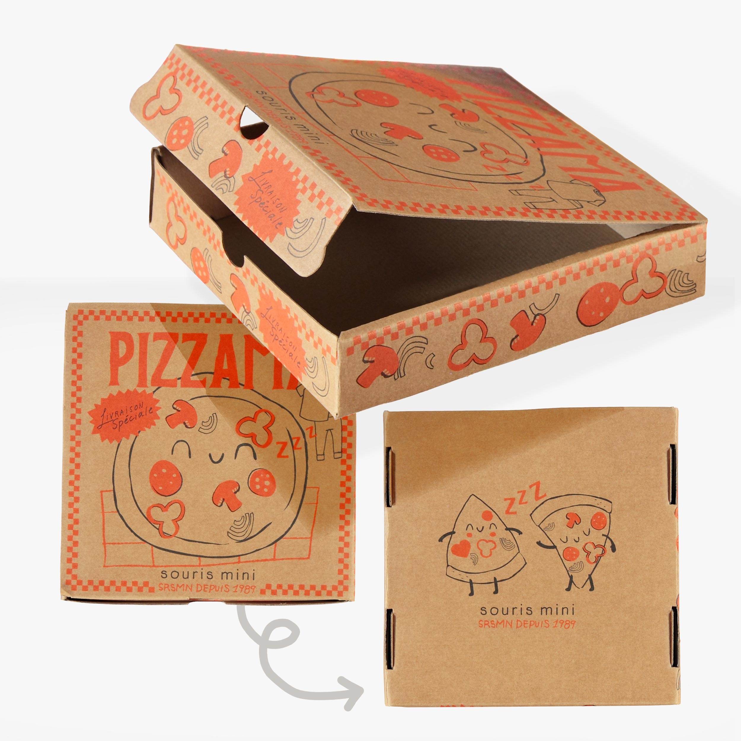 Boite Pizzama du pyjama deux pièces orange à motifs de pizzas avec boite Pizzama, bébé