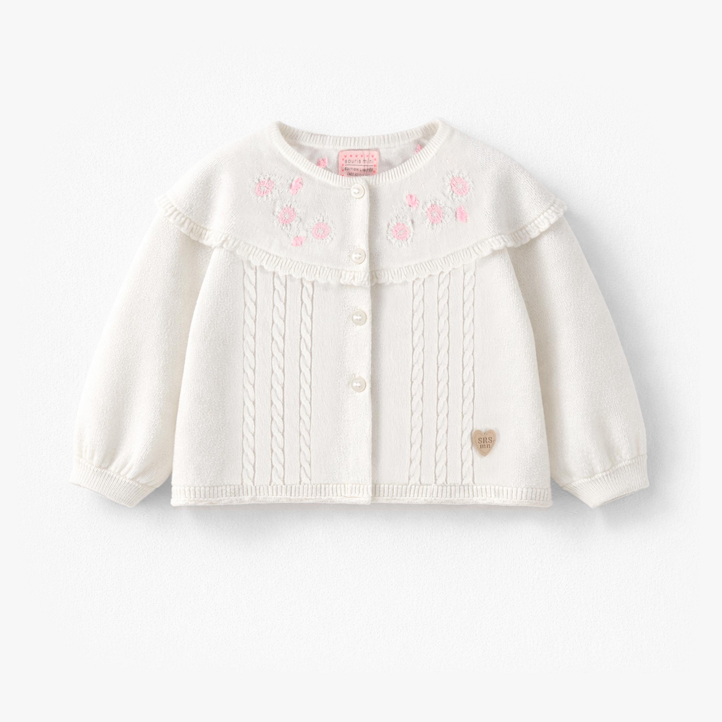 Cardigan blanc en tricot avec broderies de fleurs, bébé - Souris Mini