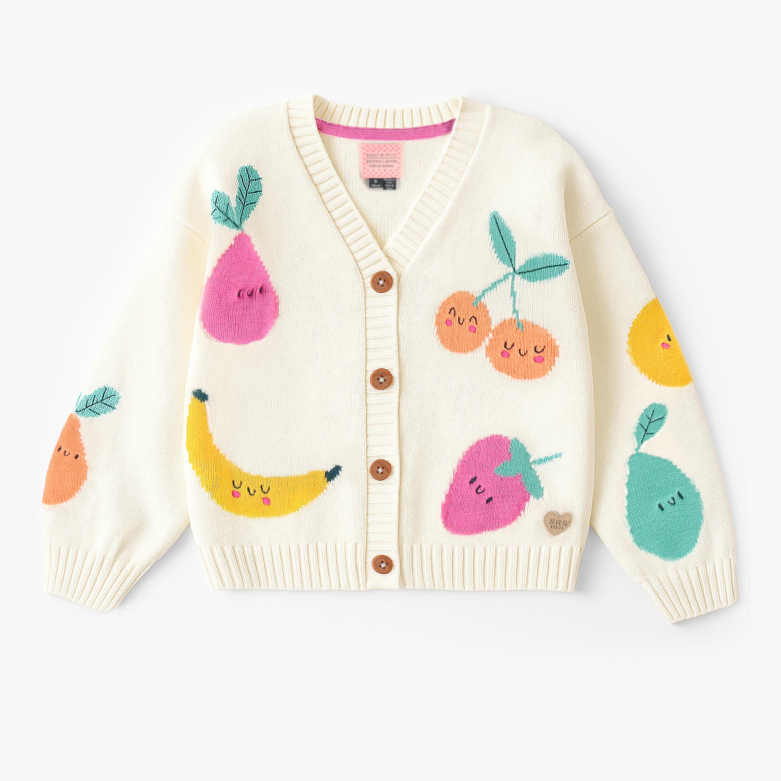 Cardigan crème en tricot avec motifs de fruits, enfant - Souris Mini