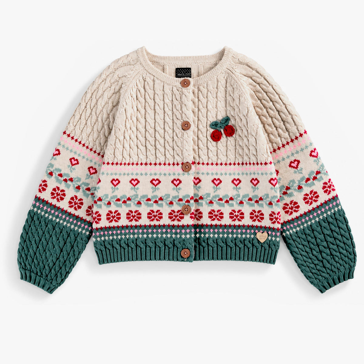 Cardigan crème et vert en tricot des Fêtes, enfant fille - Souris Mini