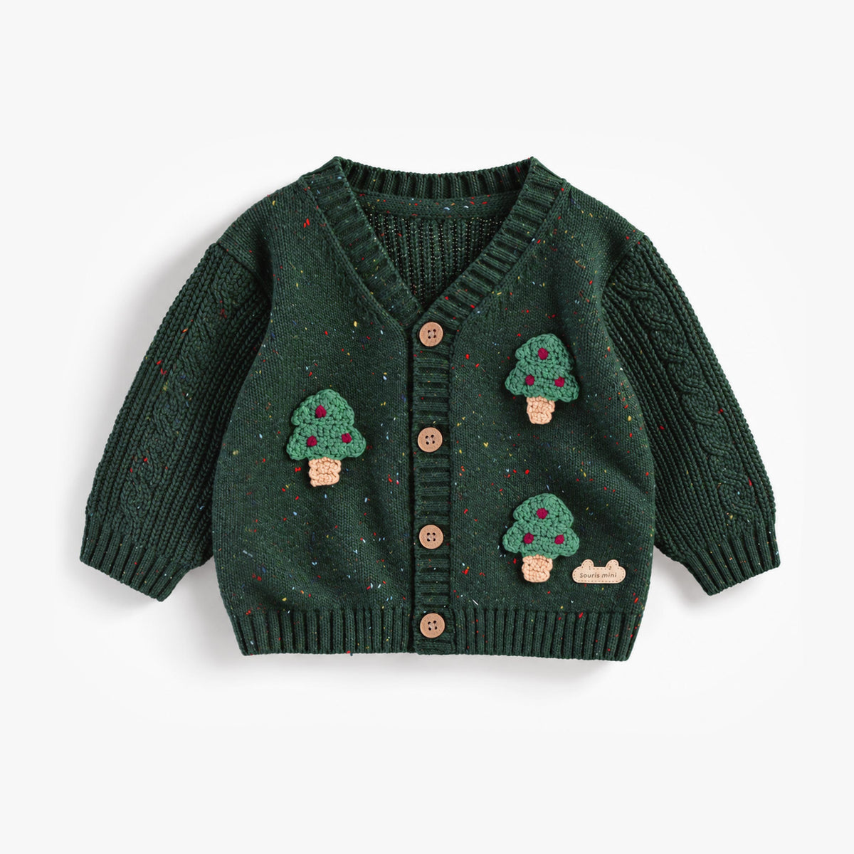 Cardigan vert forêt en tricot moucheté avec sapins, naissance - Souris Mini