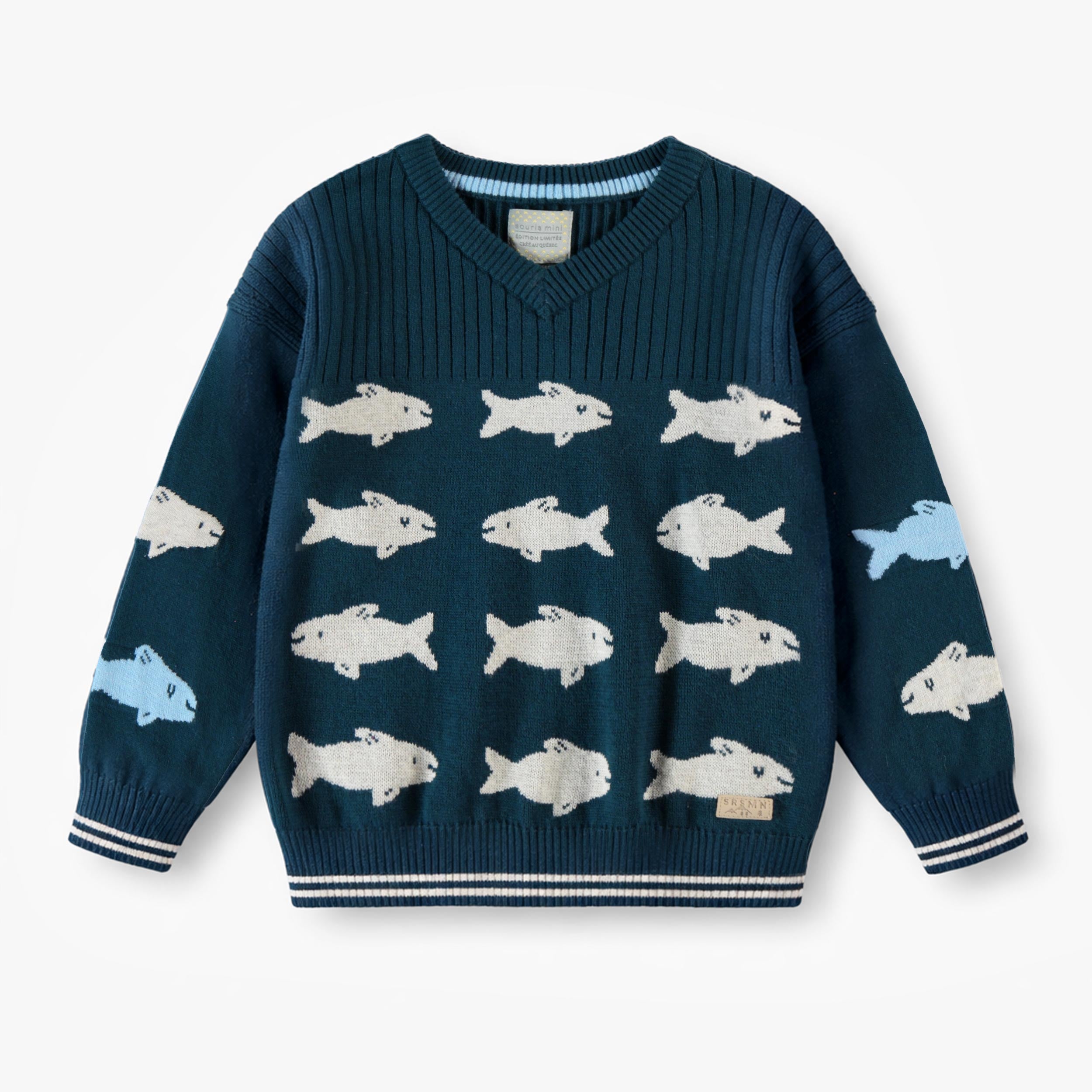 Chandail bleu en tricot avec poissons, enfant - Souris Mini