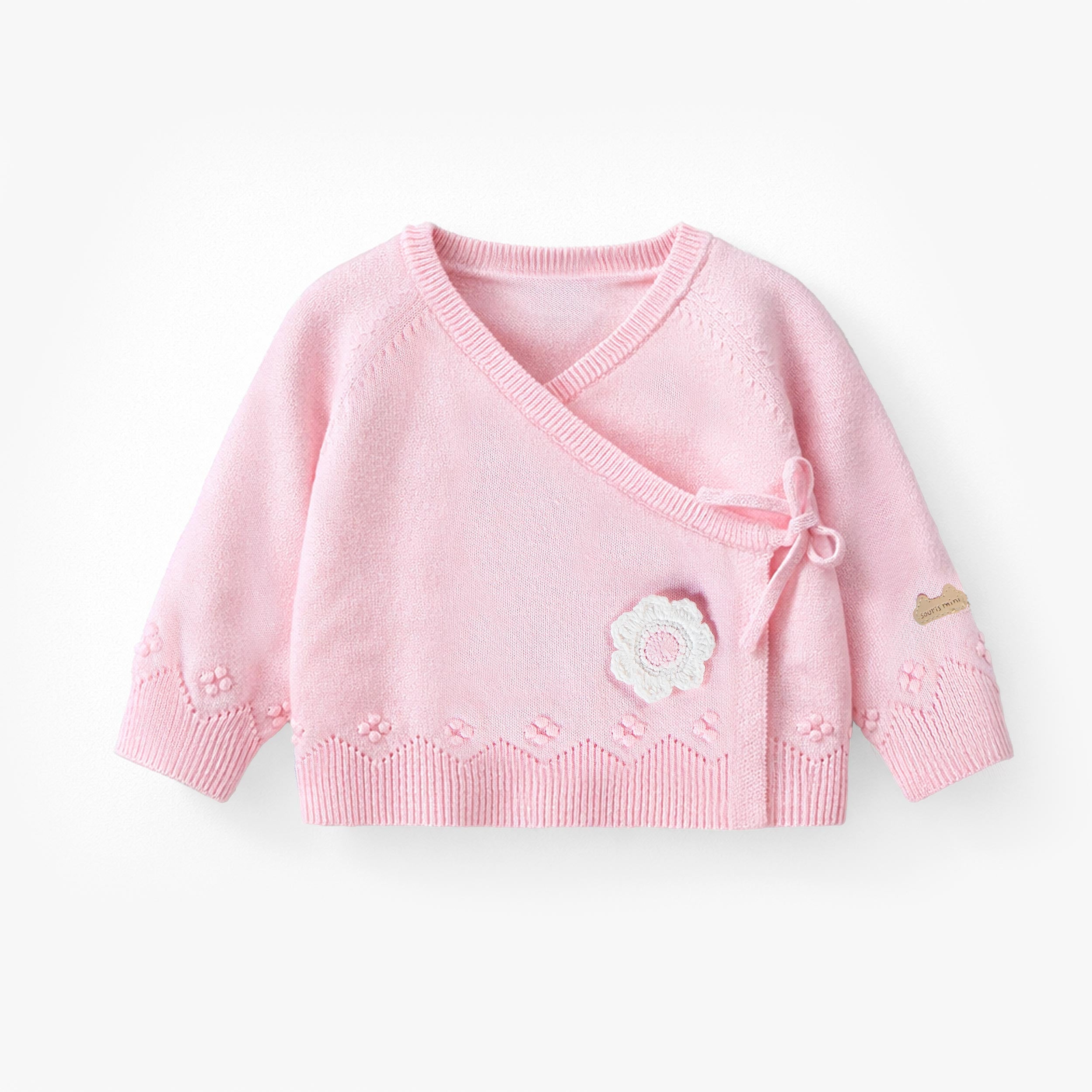 Chandail cache-cœur rose en tricot à motif pointelle, naissance - Souris Mini