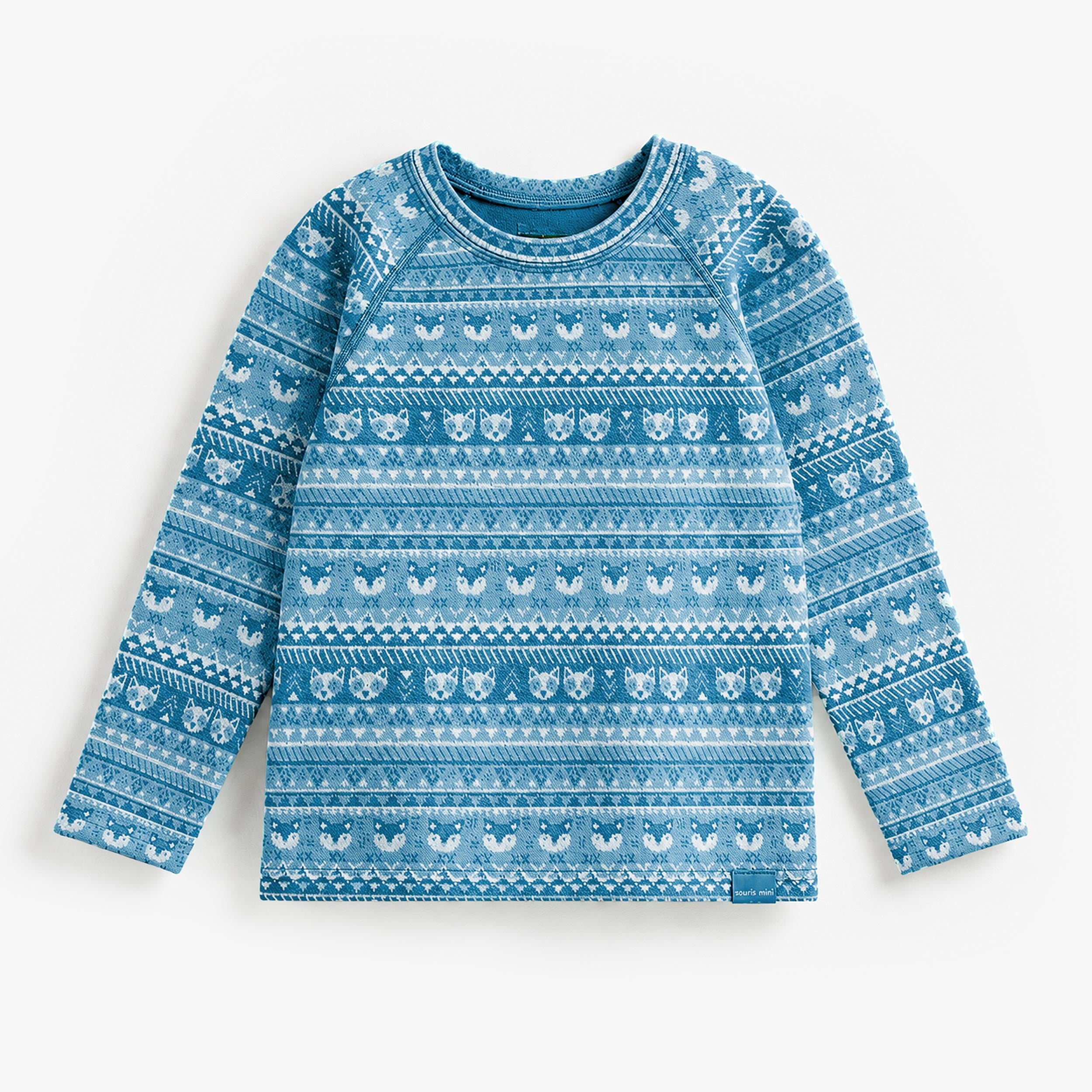 Chandail bleu en laine mérinos à motifs, enfant - Souris Mini