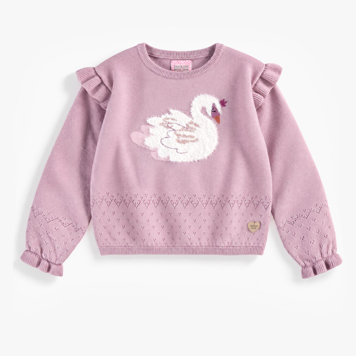 Chandail de maille rose à motif de cygne, enfant fille - Souris Mini