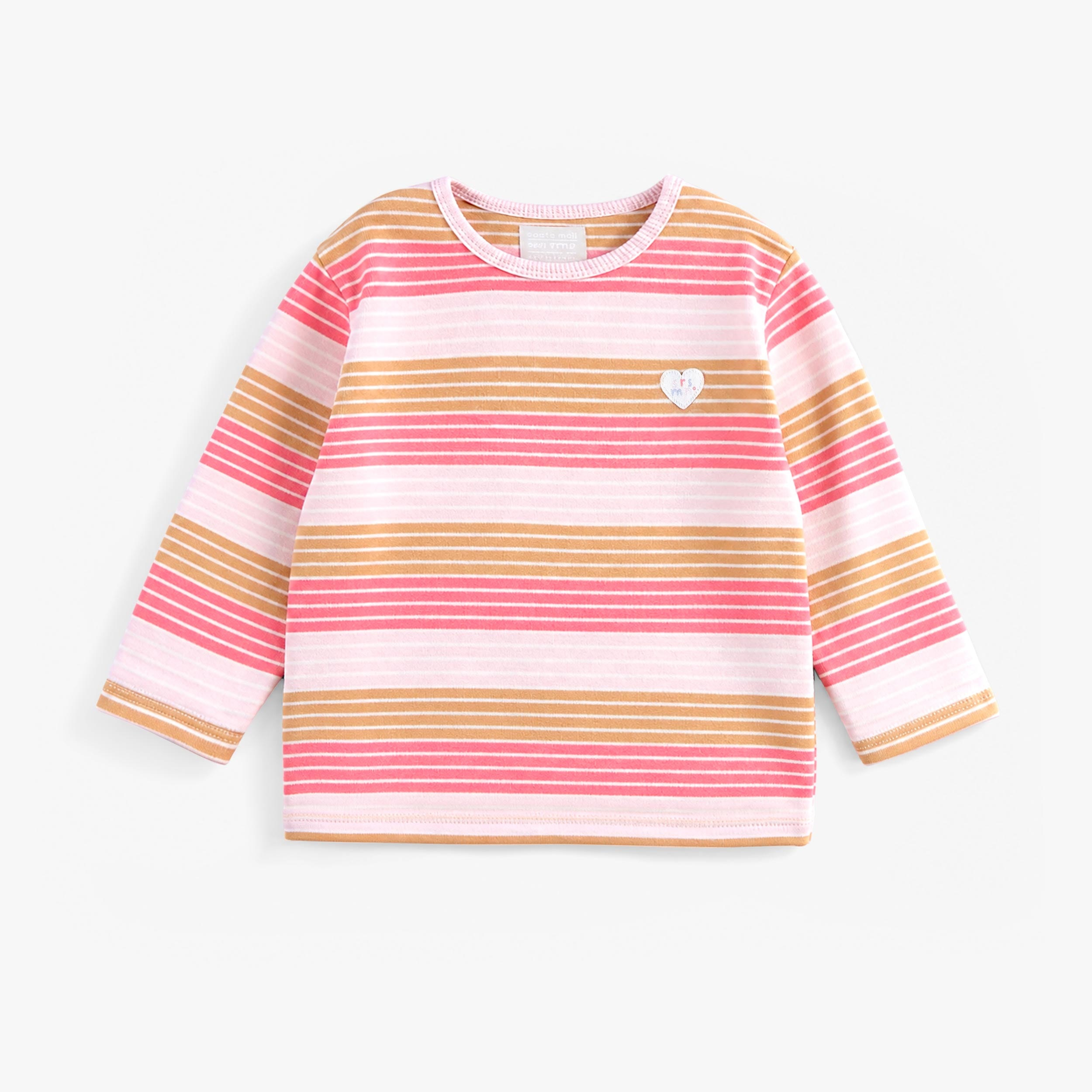 Chandail à manches longues pour bébé fille à rayures rose, rose pâle et caramel avec encolure rose et écusson cœur décoratif. - Souris Mini
